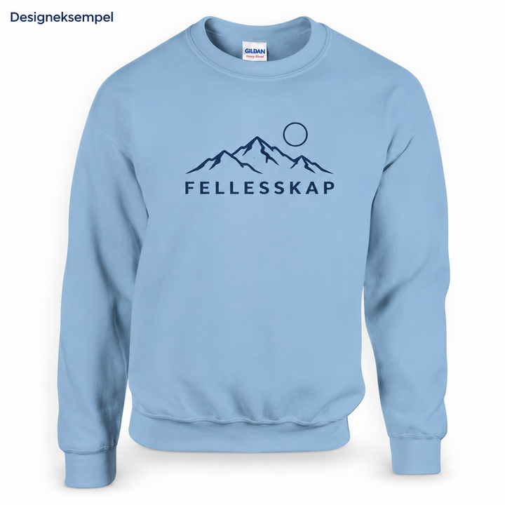 Designeksempel: Genser med rund hals og teksten FELLESSKAP