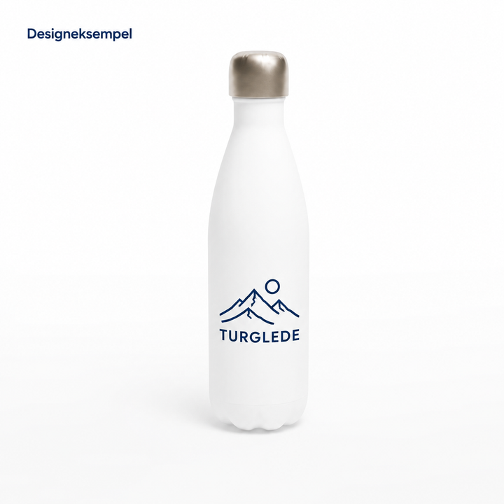 Designeksempel: Termoflaske med fjellmotiv og teksten TURGLEDE