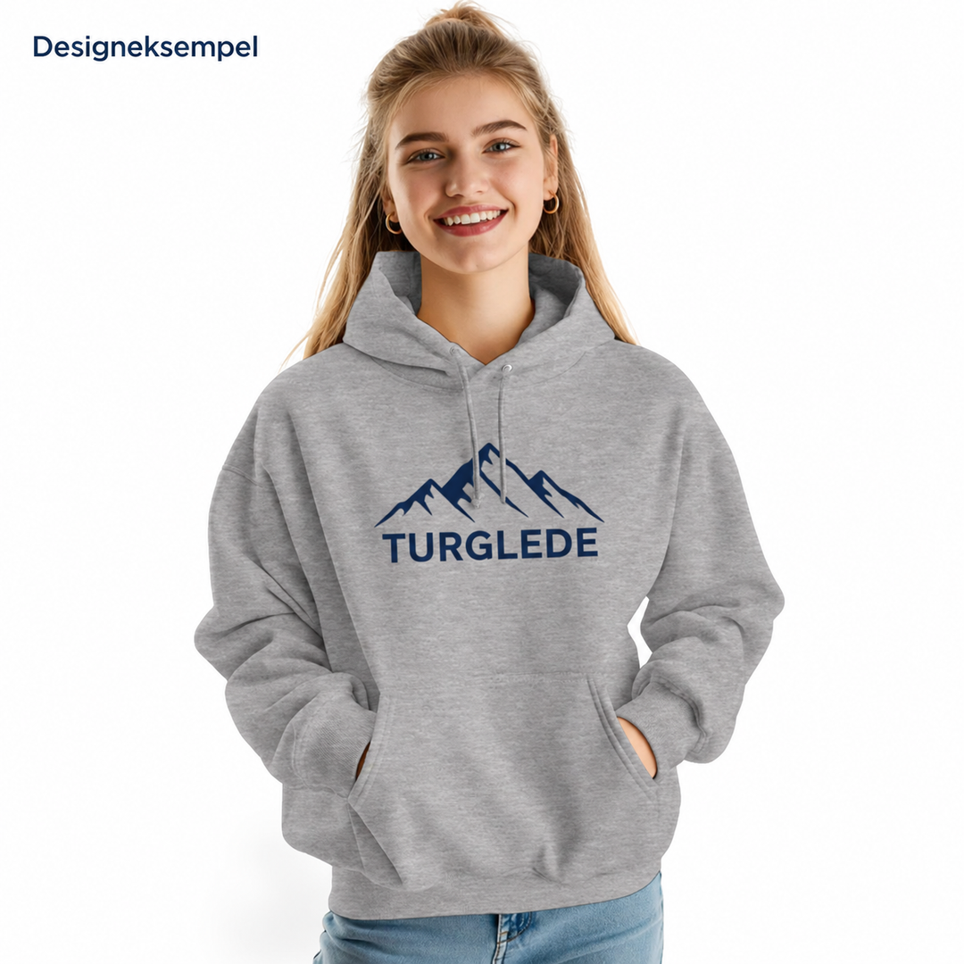 Designeksempel: Premium hettegenser med fjellmotiv og teksten TURGLEDE
