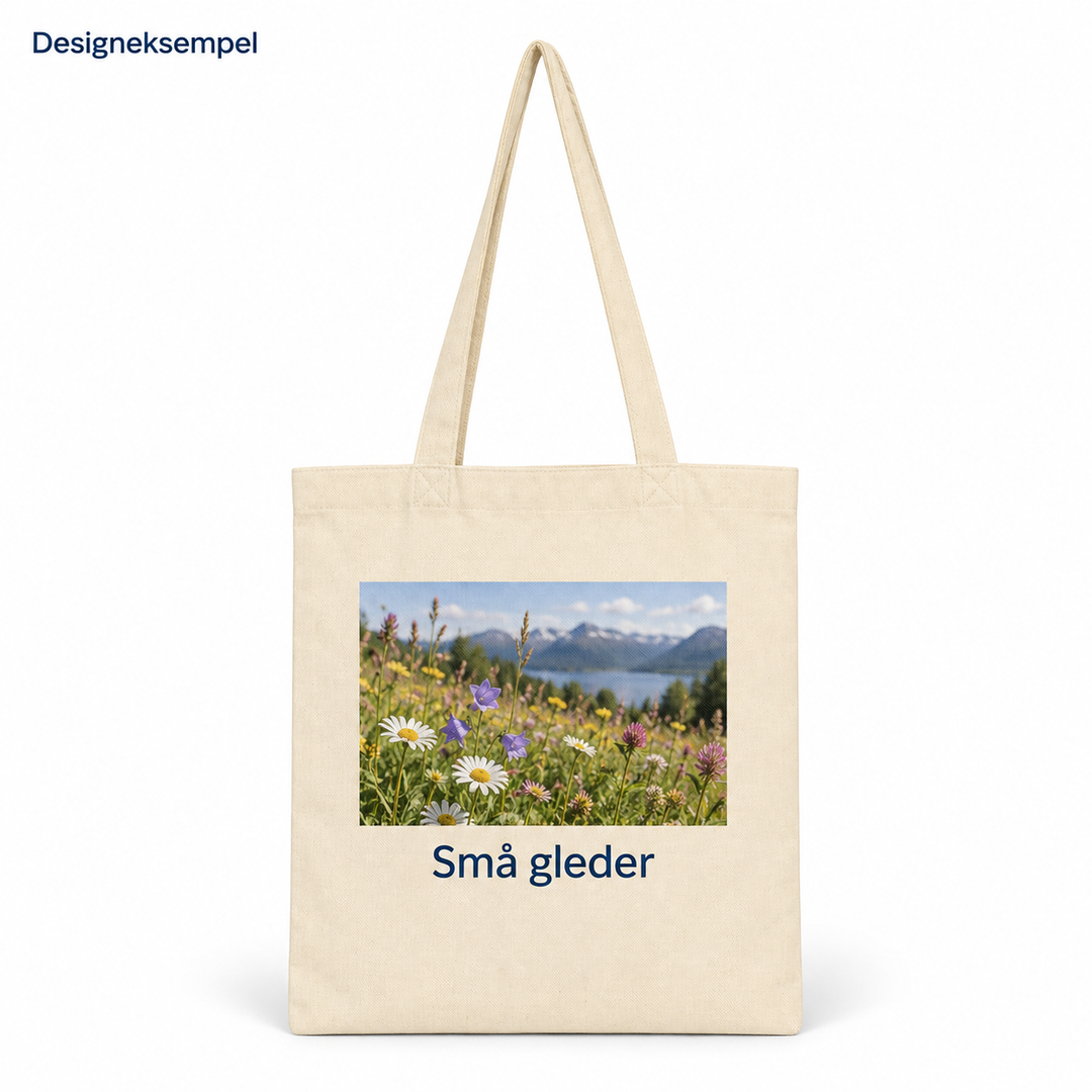 Designeksempel: Handlenett med blomsterbilde og teksten Små gleder