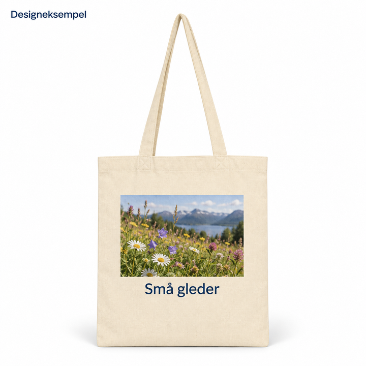 Designeksempel: Handlenett med blomsterbilde og teksten Små gleder