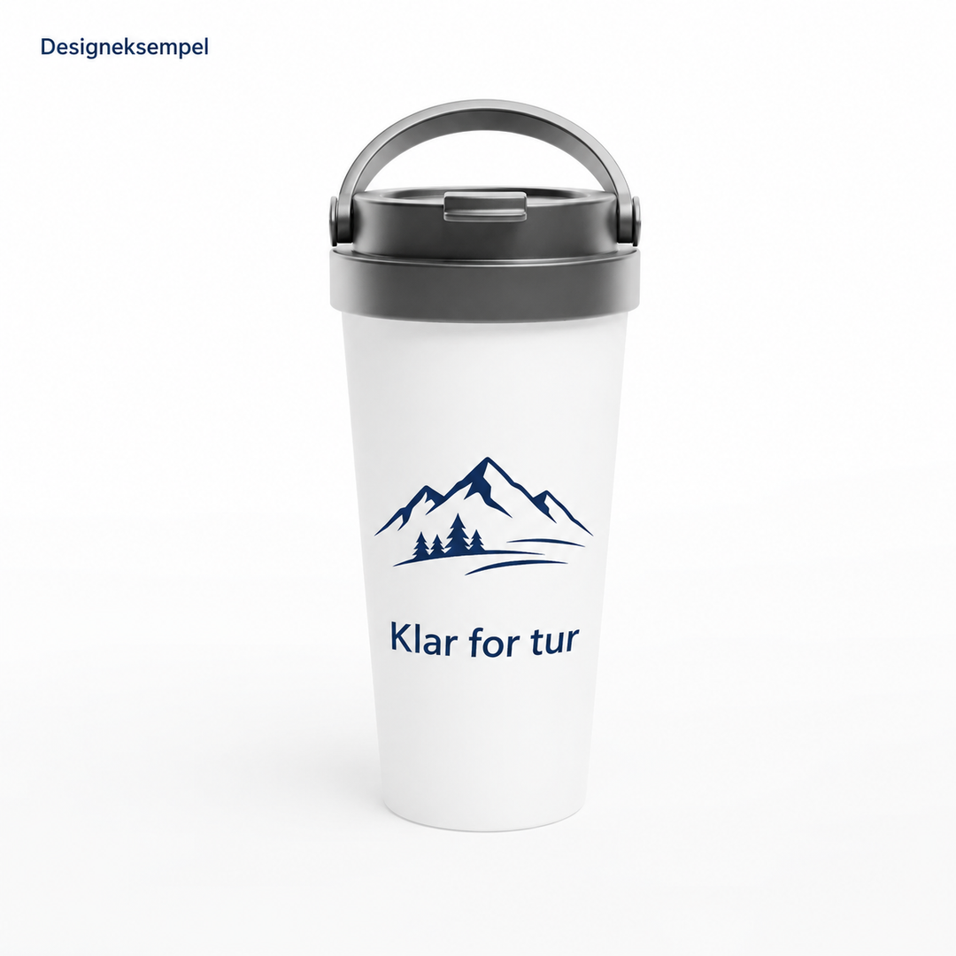 Designeksempel: Reisekrus med fjellmotiv og teksten Klar for tur