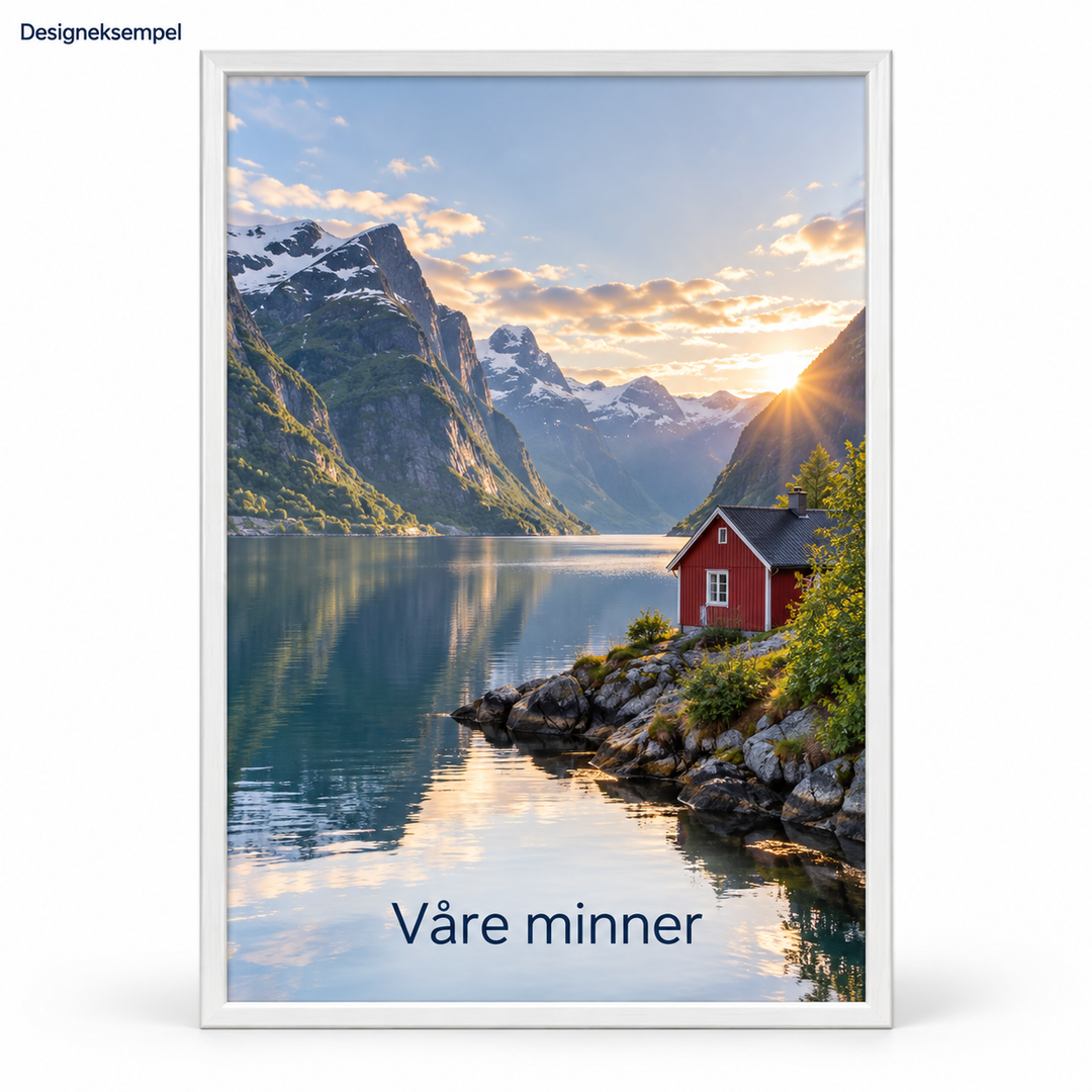 Designeksempel: Innrammet fotoplakat med fjordmotiv