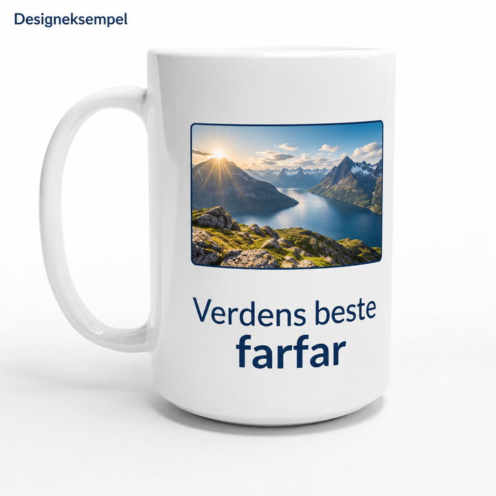 Designeksempel: Stort fotokrus med fjellbilde og teksten Verdens beste farfar