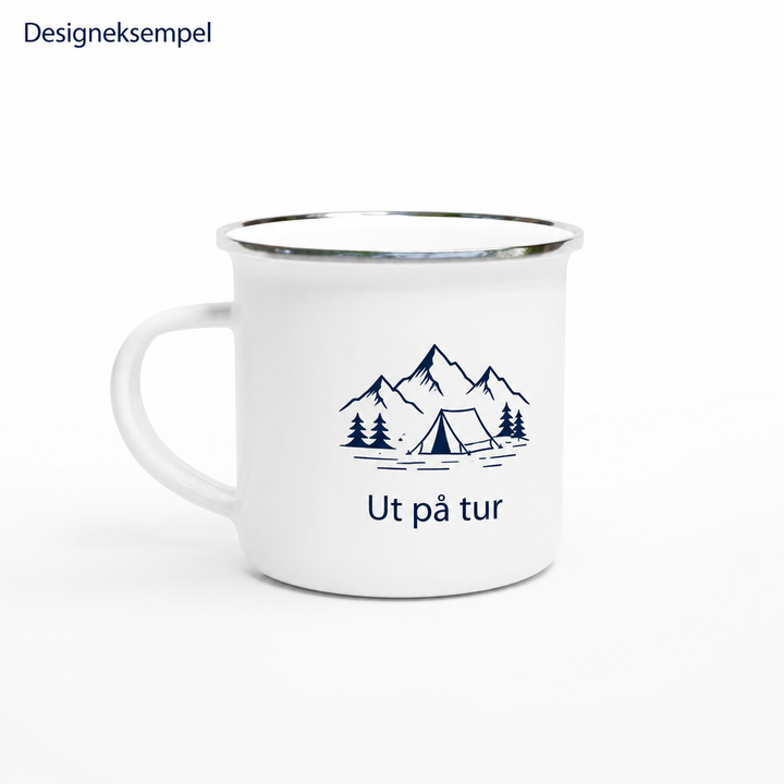 Designeksempel: Emaljekrus med turmotiv og teksten Ut på tur