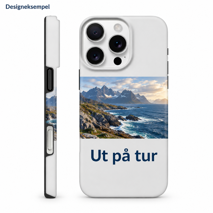 Designeksempel: Tough-mobildeksel med kystmotiv og personlig tekst