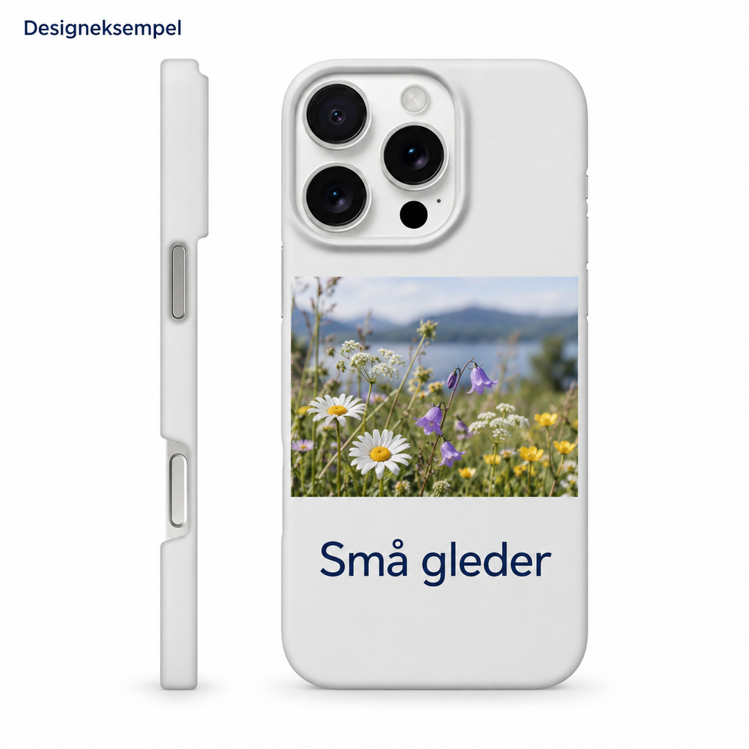 Designeksempel: Slim-mobildeksel med blomsterbilde og personlig tekst