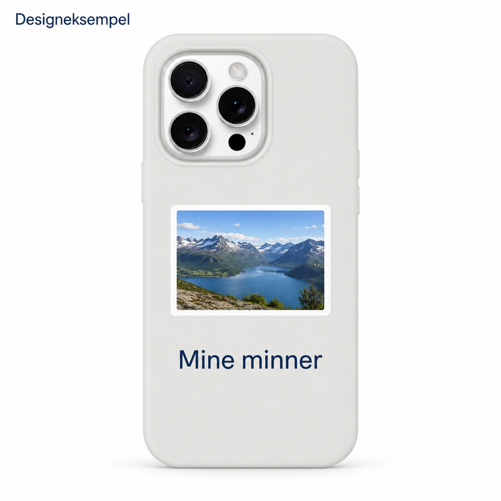 Designeksempel: Flexi-mobildeksel med fjellbilde og personlig tekst