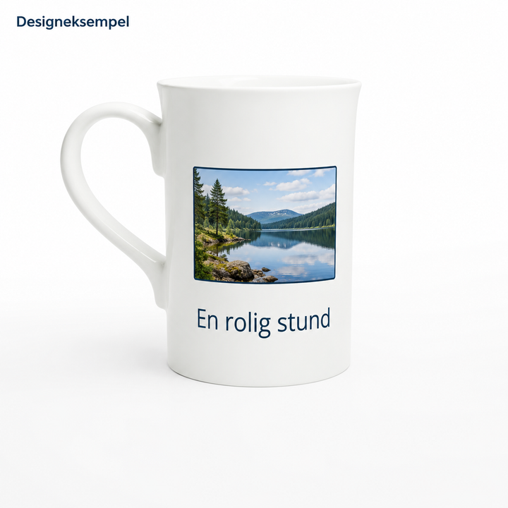 Designeksempel: Porselenskrus med naturbilde og personlig tekst