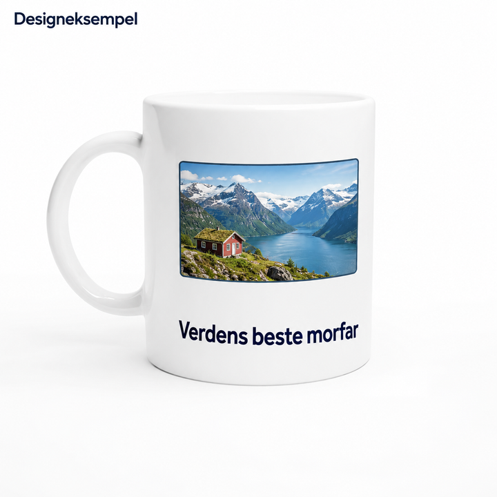 Designeksempel: hvitt fotokrus 325 ml med fjordbilde og teksten Verdens beste morfar