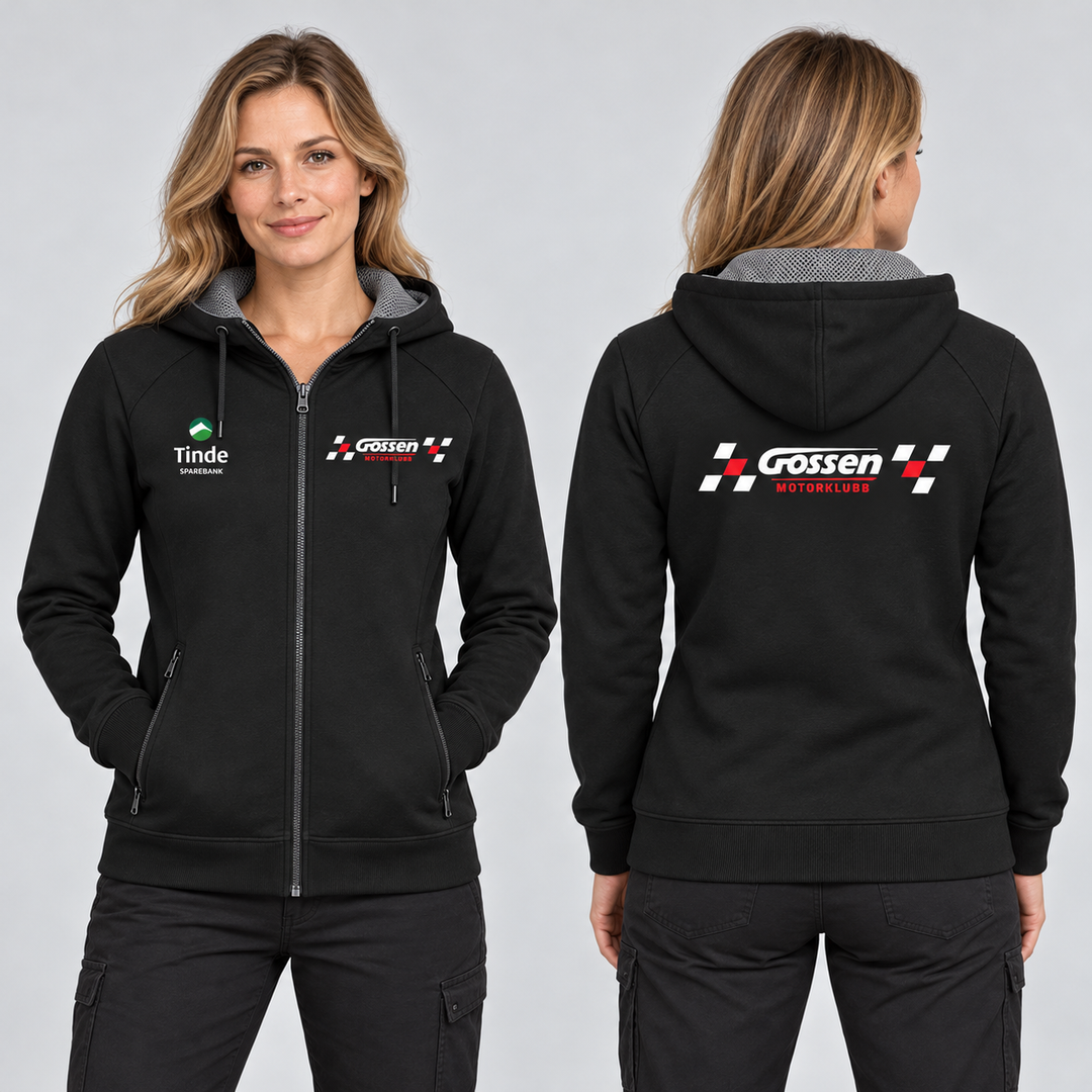Hettejakke Classic Dame Gossen Motorklubb – KI-generert modellillustrasjon, forfra og bakfra