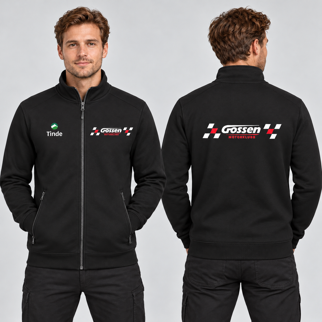 Cardigan Miami Unisex Gossen Motorklubb – KI-generert modellillustrasjon, forfra og bakfra