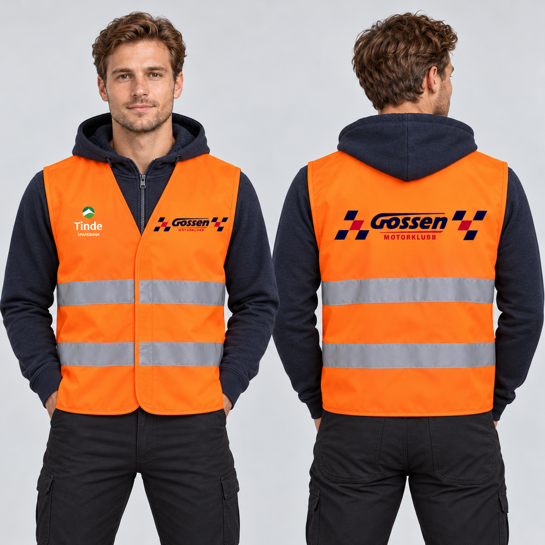 Forslag til refleksvest for Gossen Motorklubb, KI-generert modellillustrasjon med logoer over refleksbåndene