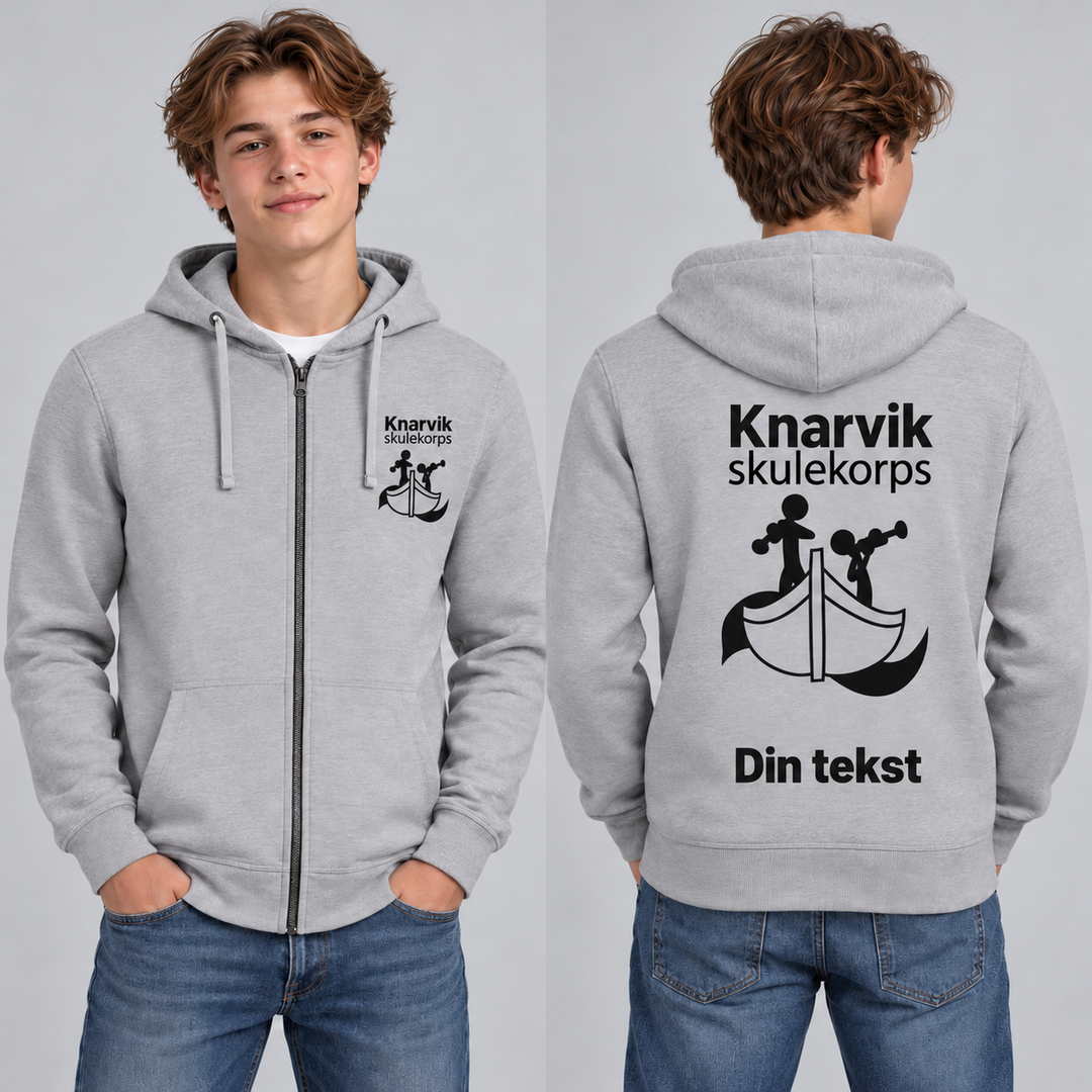 Hettejakke Classic Herre med personlig tekst – Knarvik Skulekorps på ungdomsmodell – KI-generert illustrasjonsbilde – sort korpslogo