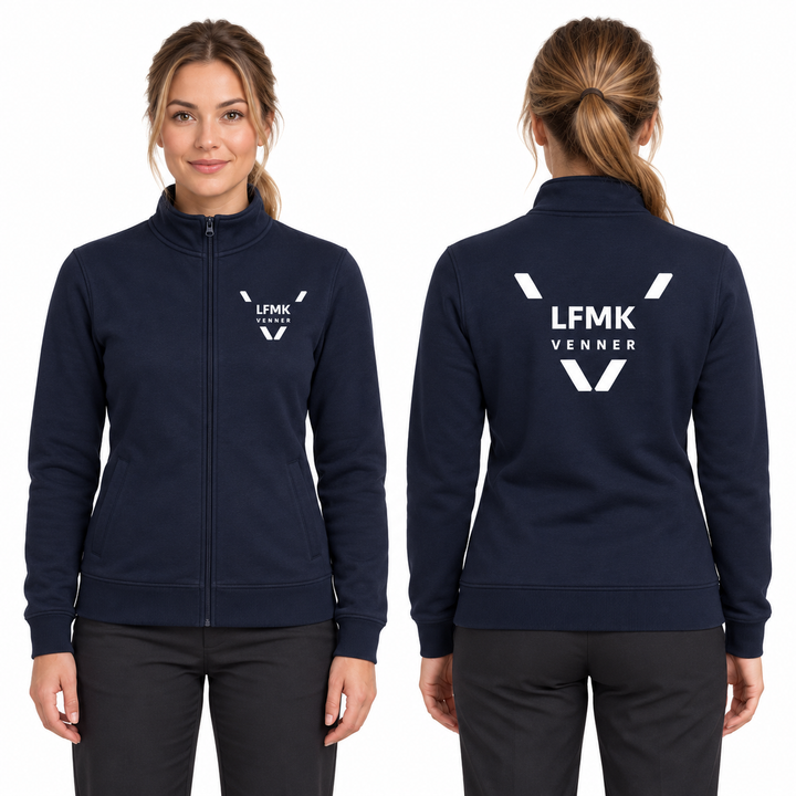 CLIQUE Basic Cardigan Women 021039 dark navy med LFMK-logo – KI-generert modellillustrasjon, forfra og bakfra