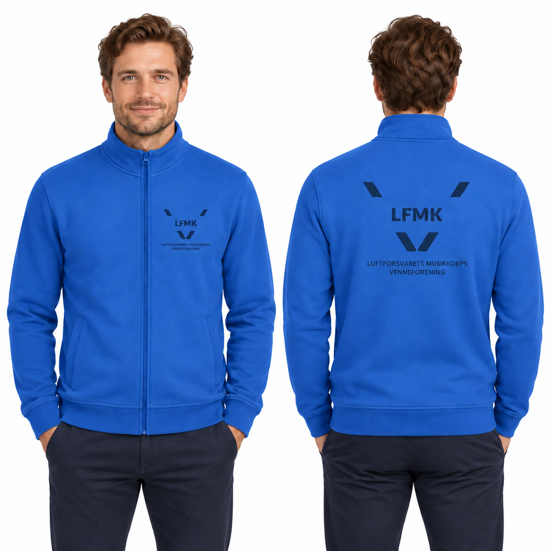 Basic Cardigan Herre kongeblå med LFMK-logo – KI-generert modellillustrasjon, forfra og bakfra