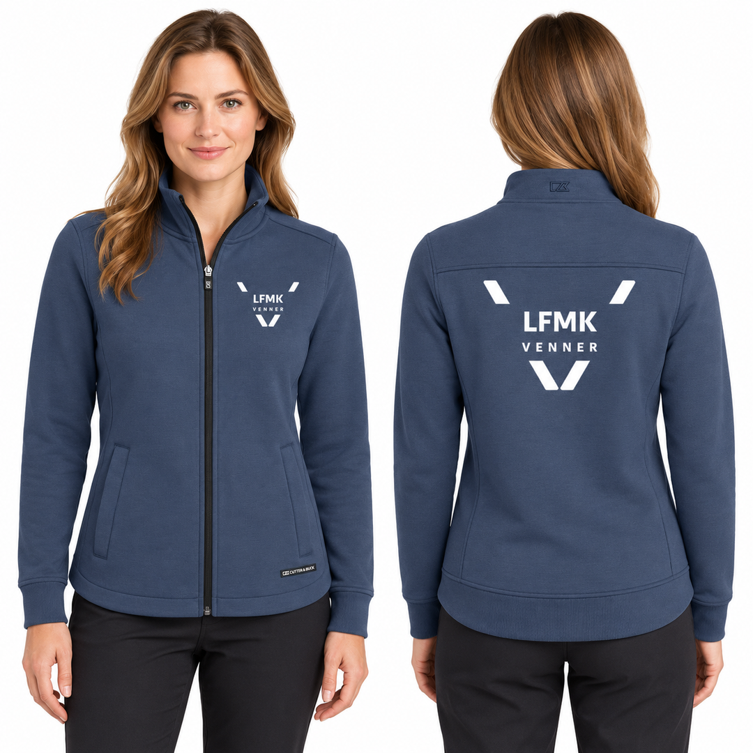 Cutter &amp; Buck Pemberton Cardigan FZ Women 358427 Ensign Blue muted air force blue med LFMK-logo – KI-generert modellillustrasjon, forfra og bakfra