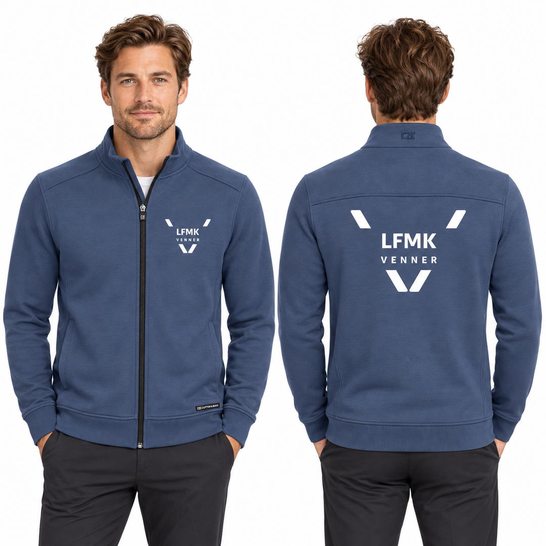 Cutter &amp; Buck Pemberton Cardigan FZ Men 358426 Ensign Blue muted air force blue med LFMK-logo – KI-generert modellillustrasjon, forfra og bakfra