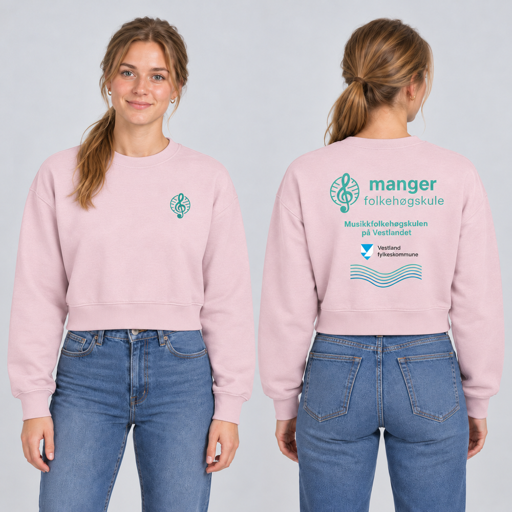 Miami Cropped Dame – Manger Folkehøgskule, Godterirosa, foran og bak på voksen modell. KI-illustrasjon basert på leverandørfoto.