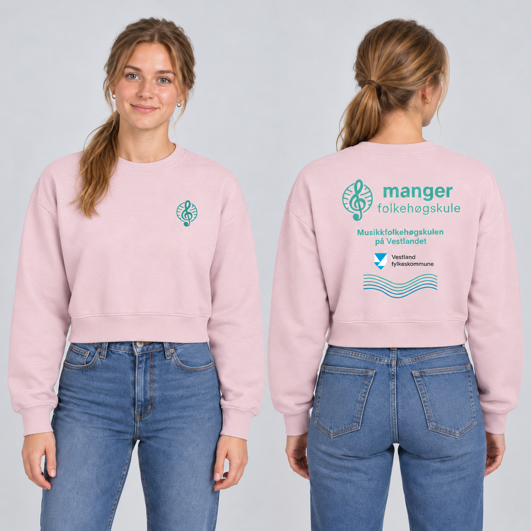 Miami Cropped Dame – Manger Folkehøgskule, Godterirosa, foran og bak på voksen modell. KI-illustrasjon basert på leverandørfoto.