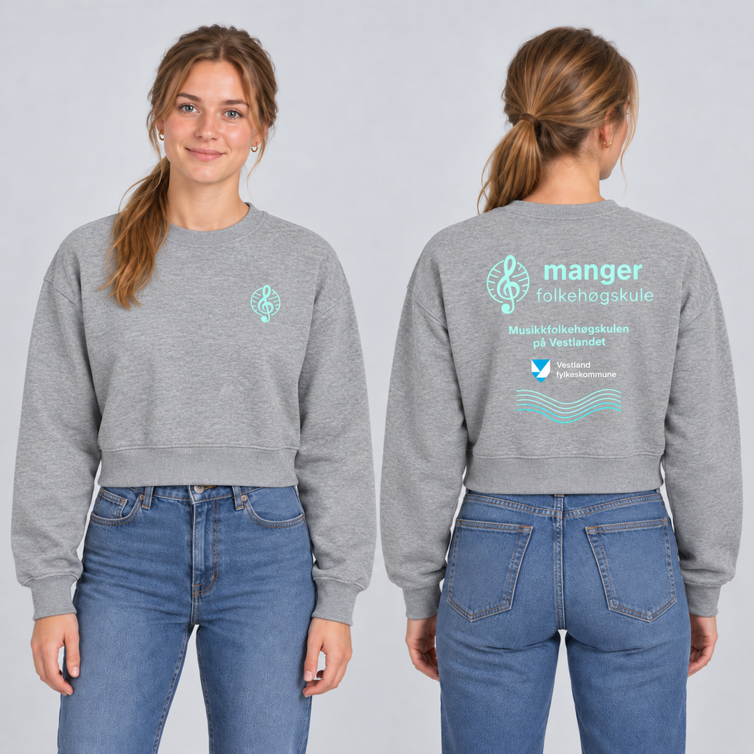 Miami Cropped Dame – Manger Folkehøgskule, Gråmelert, foran og bak på voksen modell. KI-illustrasjon basert på leverandørfoto.