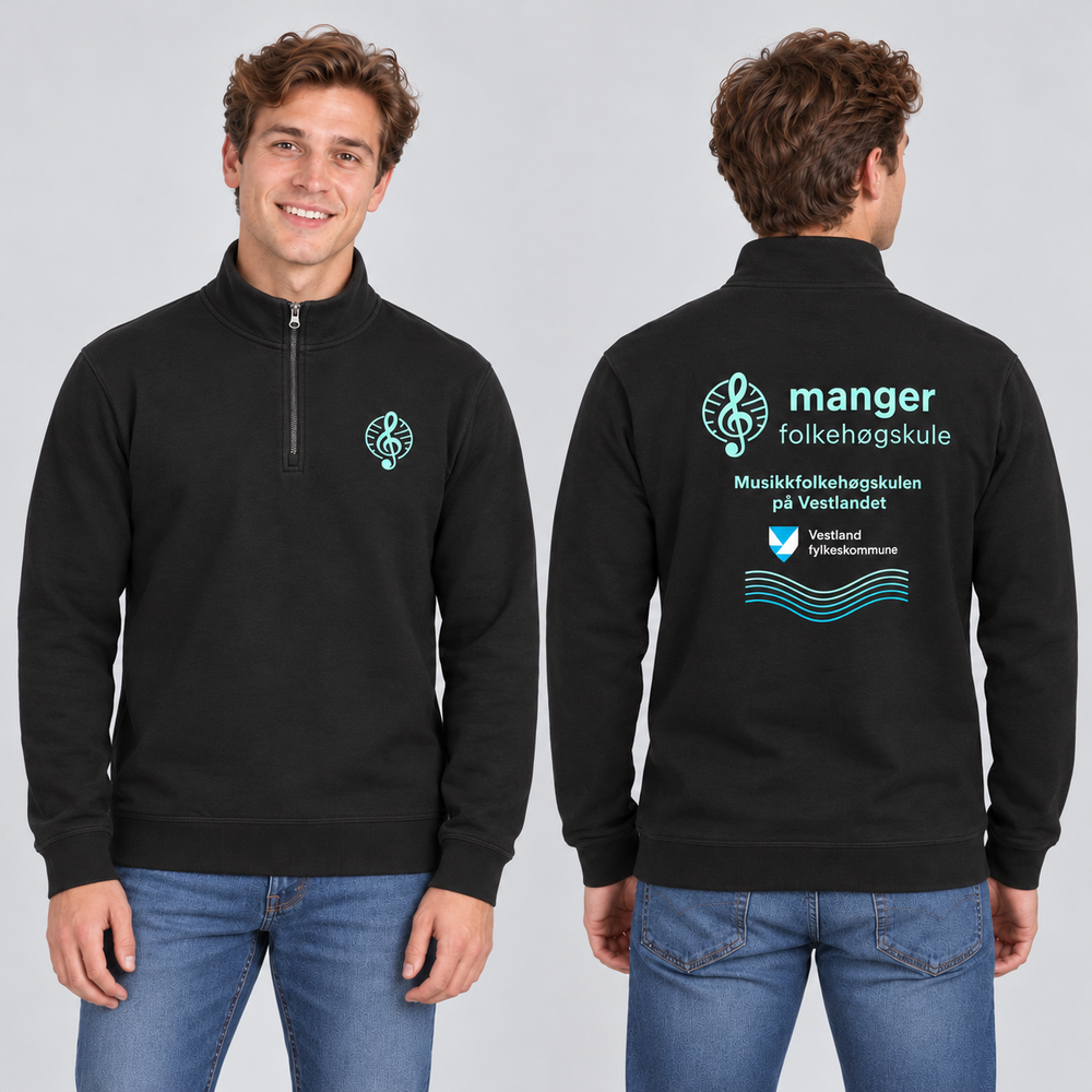 Miami Half Zip Unisex – Manger Folkehøgskule, Sort, foran og bak på voksen modell. KI-illustrasjon basert på leverandørfoto. Bryst- og ryggmotiv uten signaturer.