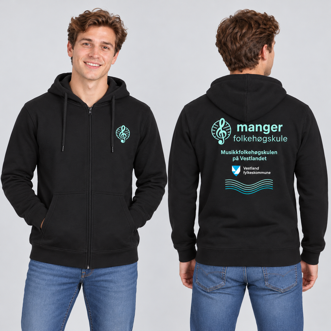 Miami Hoody Full Zip Unisex – Manger Folkehøgskule, Sort, foran og bak på voksen modell. KI-illustrasjon basert på leverandørfoto. Bryst- og ryggmotiv uten signaturer.