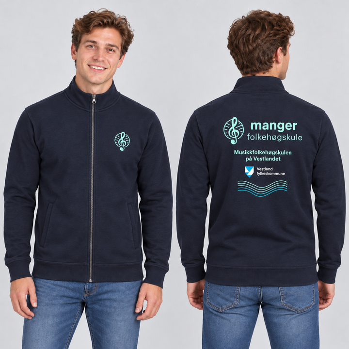 Miami Cardigan Unisex – Manger Folkehøgskule, Marineblå, foran og bak på voksen modell. KI-illustrasjon basert på leverandørfoto. Bryst- og ryggmotiv uten signaturer.