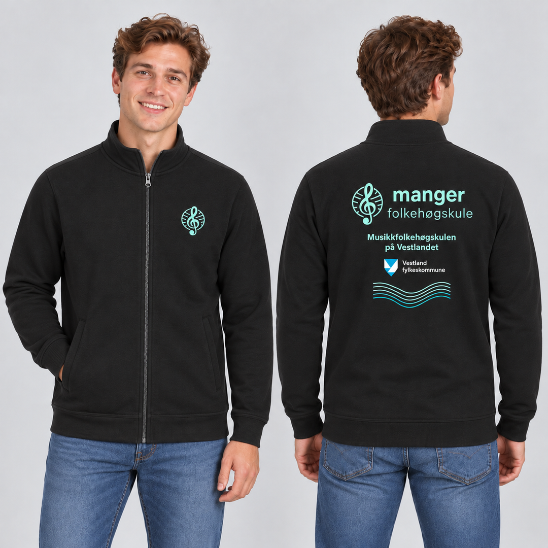 Miami Cardigan Unisex – Manger Folkehøgskule, Sort, foran og bak på voksen modell. KI-illustrasjon basert på leverandørfoto. Bryst- og ryggmotiv uten signaturer.
