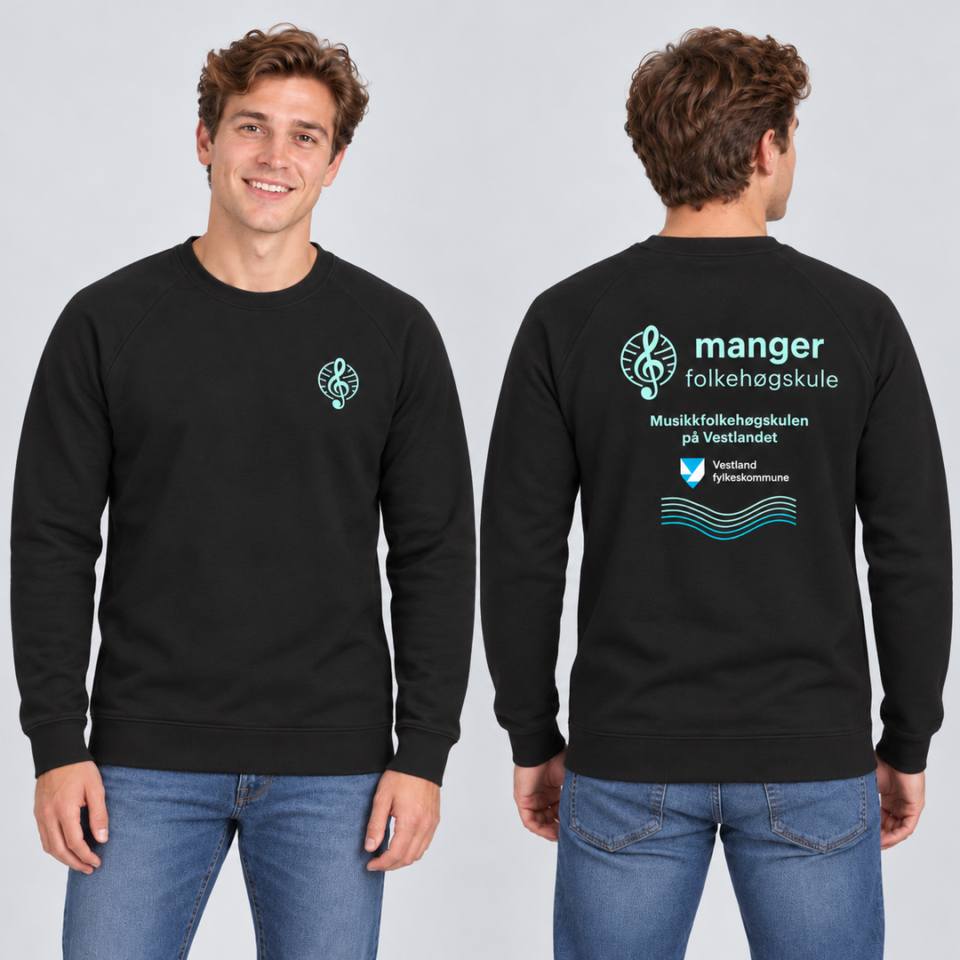 Miami PRO Roundneck Unisex – Manger Folkehøgskule, Sort, foran og bak på voksen modell. KI-illustrasjon basert på leverandørfoto. Bryst- og ryggmotiv uten signaturer.
