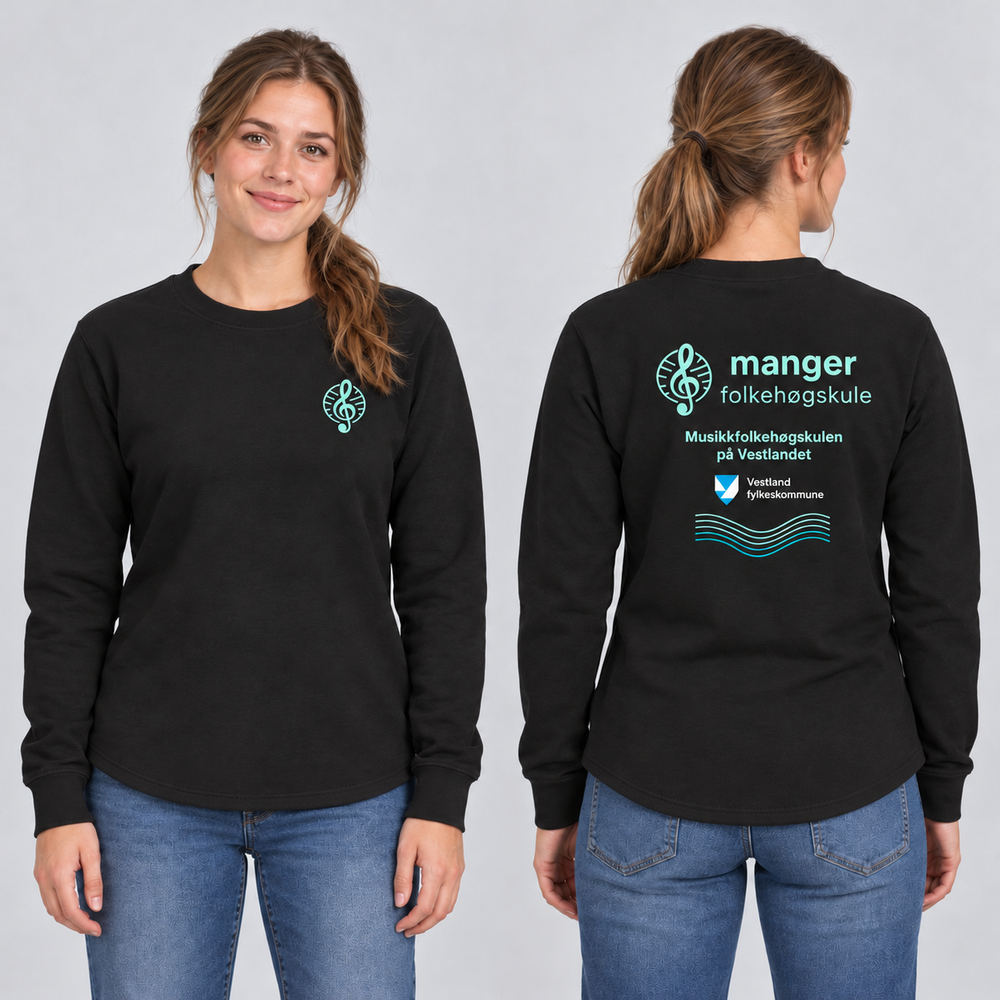 Miami PRO Roundneck Dame – Manger Folkehøgskule, Sort, foran og bak på voksen modell. KI-illustrasjon basert på leverandørfoto. Bryst- og ryggmotiv uten signaturer.