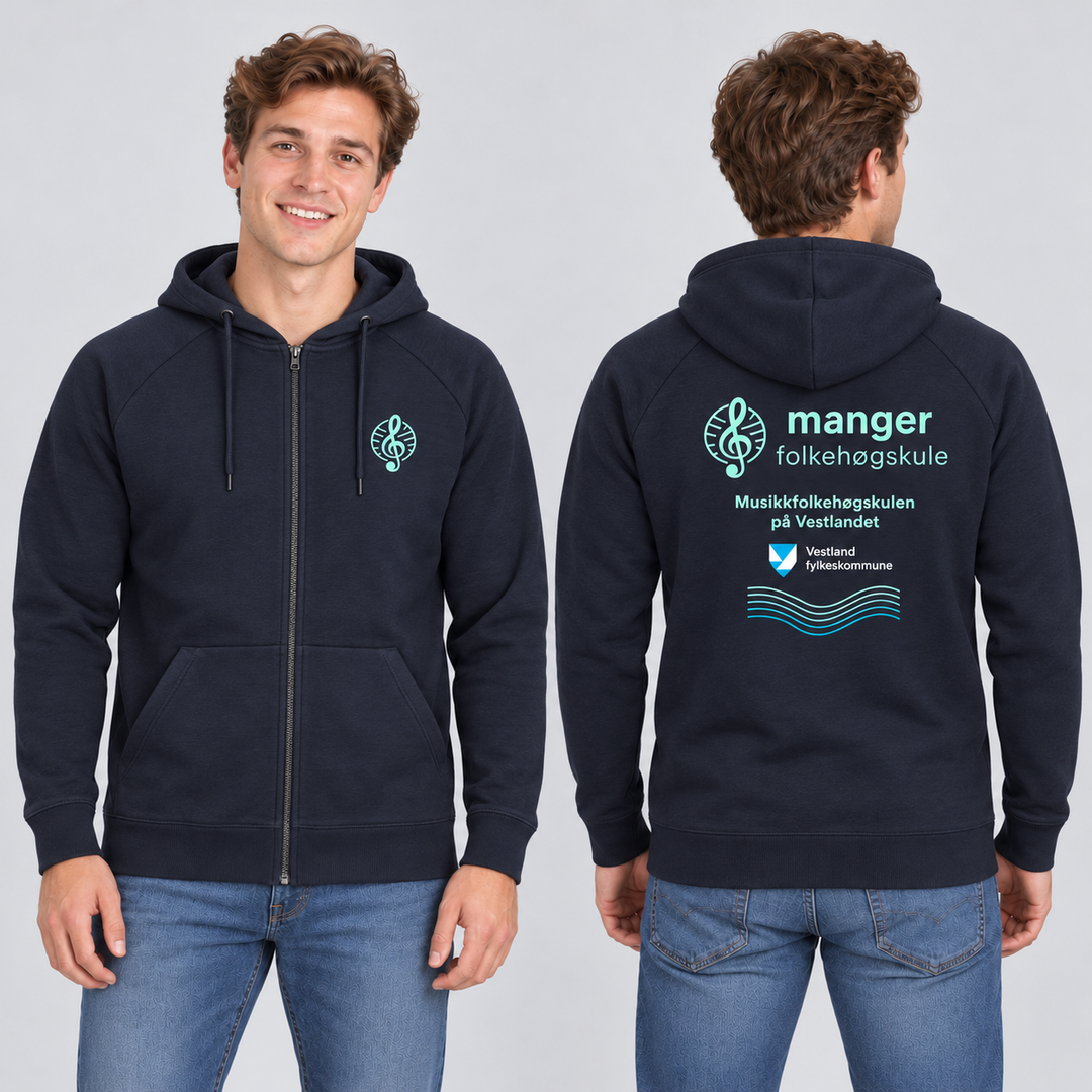 Miami PRO Hoody Full Zip Unisex – Manger Folkehøgskule, Marineblå, foran og bak på voksen modell. KI-illustrasjon basert på leverandørfoto. Bryst- og ryggmotiv uten signaturer.