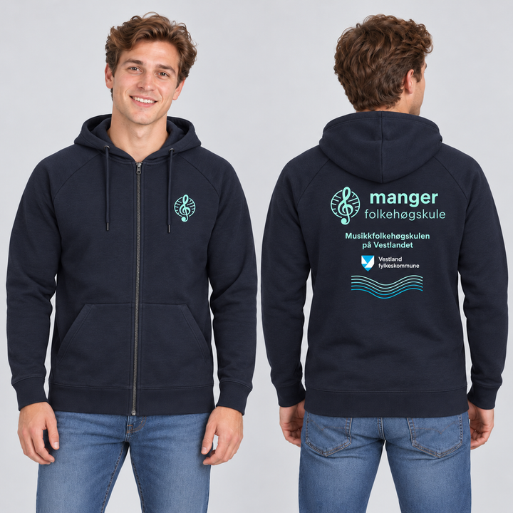 Miami PRO Hoody Full Zip Unisex – Manger Folkehøgskule, Marineblå, foran og bak på voksen modell. KI-illustrasjon basert på leverandørfoto. Bryst- og ryggmotiv uten signaturer.
