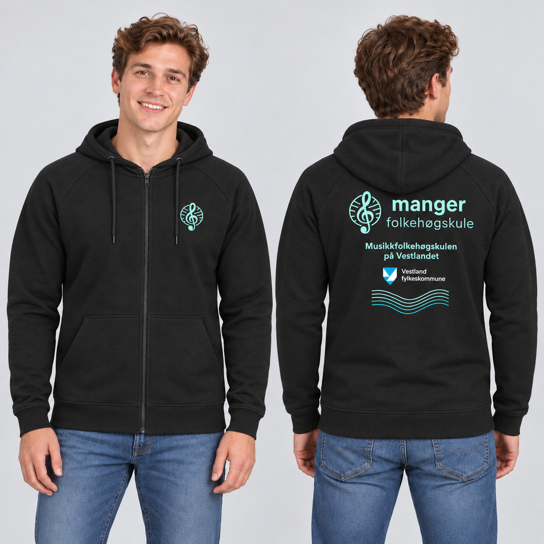 Miami PRO Hoody Full Zip Unisex – Manger Folkehøgskule, Sort, foran og bak på voksen modell. KI-illustrasjon basert på leverandørfoto. Bryst- og ryggmotiv uten signaturer.