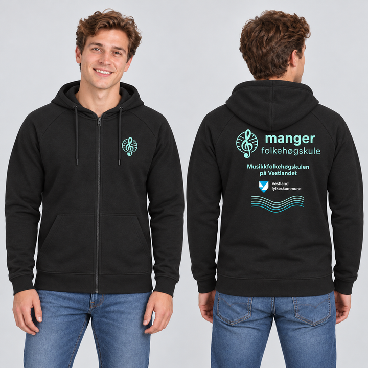 Miami PRO Hoody Full Zip Unisex – Manger Folkehøgskule, Sort, foran og bak på voksen modell. KI-illustrasjon basert på leverandørfoto. Bryst- og ryggmotiv uten signaturer.