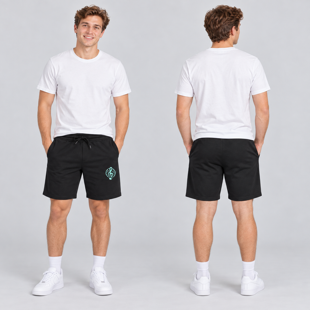 Miami PRO Shorts Unisex – Manger Folkehøgskule, Sort, foran og bak på voksen modell. KI-illustrasjon basert på leverandørfoto. Motiv foran på låret.