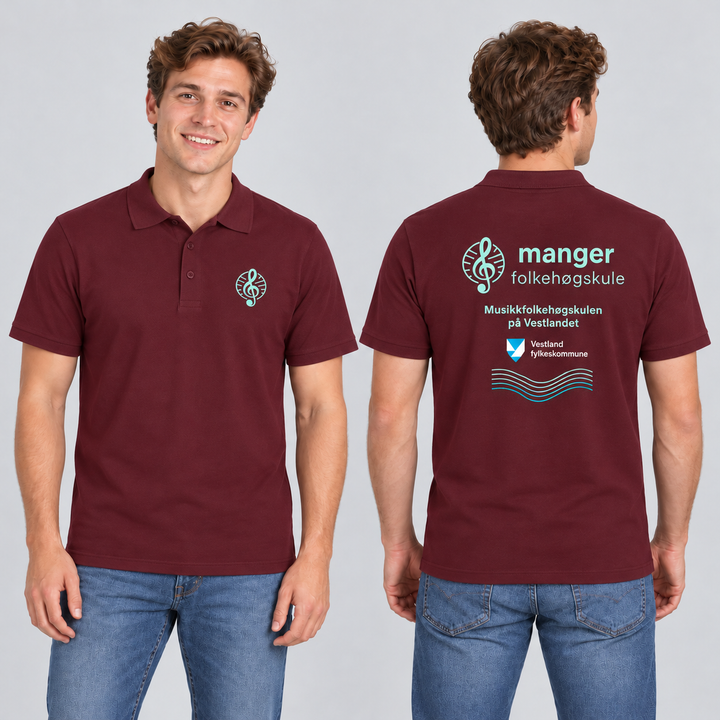 Classic Lincoln S/S Herre – Manger Folkehøgskule, Burgunder, foran og bak på voksen modell. KI-illustrasjon basert på leverandørfoto. Bryst- og ryggmotiv uten signaturer.