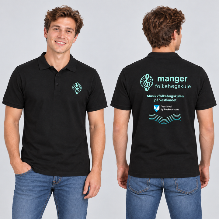 Classic Lincoln S/S Herre – Manger Folkehøgskule, Sort, foran og bak på voksen modell. KI-illustrasjon basert på leverandørfoto. Bryst- og ryggmotiv uten signaturer.