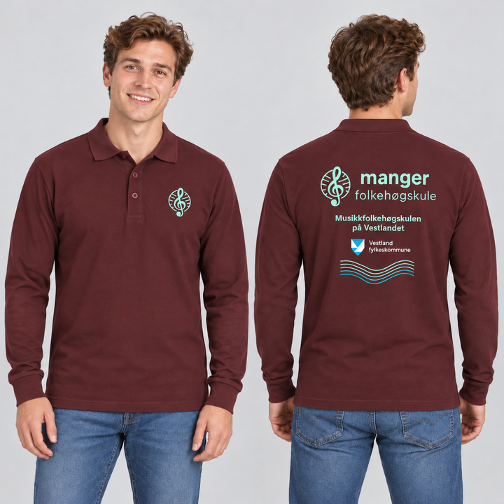 Classic Lincoln L/S Herre – Manger Folkehøgskule, Burgunder, foran og bak på voksen modell. KI-illustrasjon basert på leverandørfoto. Bryst- og ryggmotiv uten signaturer.