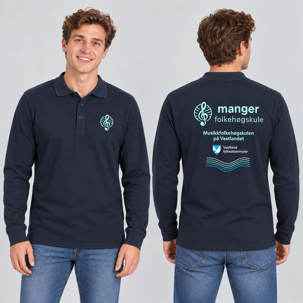 Classic Lincoln L/S Herre – Manger Folkehøgskule, Marineblå, foran og bak på voksen modell. KI-illustrasjon basert på leverandørfoto. Bryst- og ryggmotiv uten signaturer.