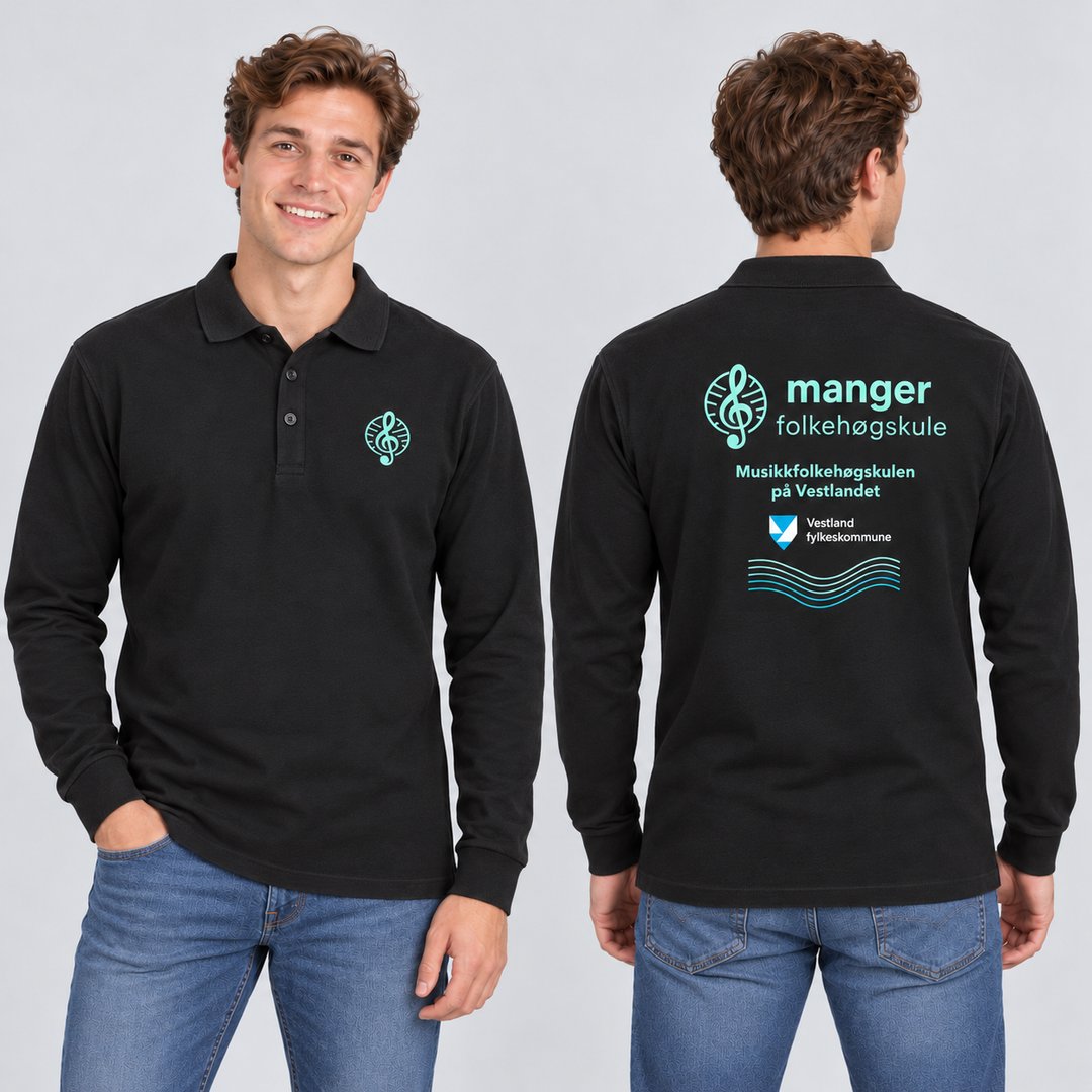 Classic Lincoln L/S Herre – Manger Folkehøgskule, Sort, foran og bak på voksen modell. KI-illustrasjon basert på leverandørfoto. Bryst- og ryggmotiv uten signaturer.
