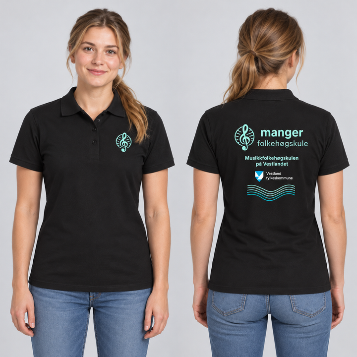 Classic Marion S/S Dame – Manger Folkehøgskule, Sort, foran og bak på voksen modell. KI-illustrasjon basert på leverandørfoto. Bryst- og ryggmotiv uten signaturer.
