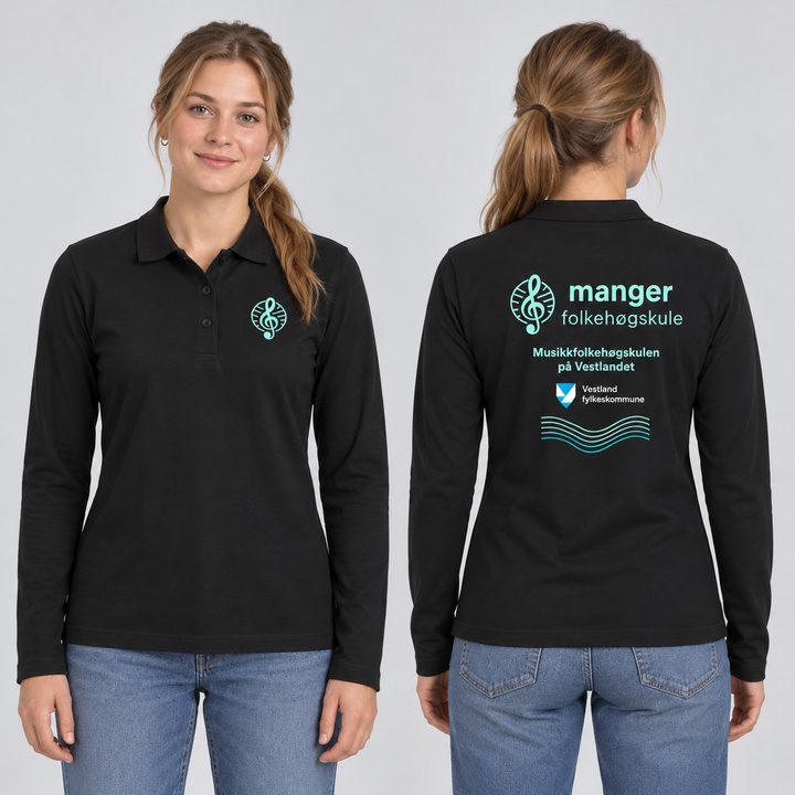 Classic Marion L/S Dame – Manger Folkehøgskule, Sort, foran og bak på voksen modell. KI-illustrasjon basert på leverandørfoto. Bryst- og ryggmotiv uten signaturer.