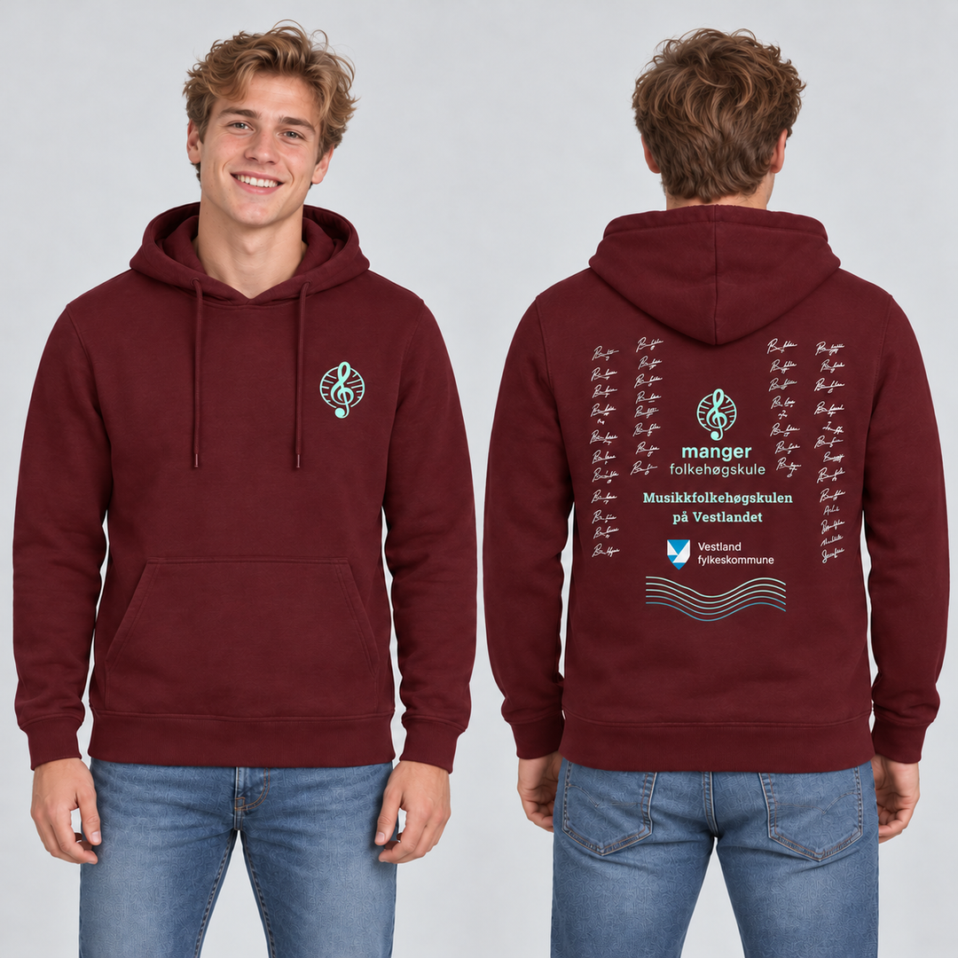 Miami Hoody 0201031 unisex i burgunder på ung voksen modell, foran og bak med Manger-motiver. KI-illustrasjon basert på produktfoto; eksempelsignaturer.