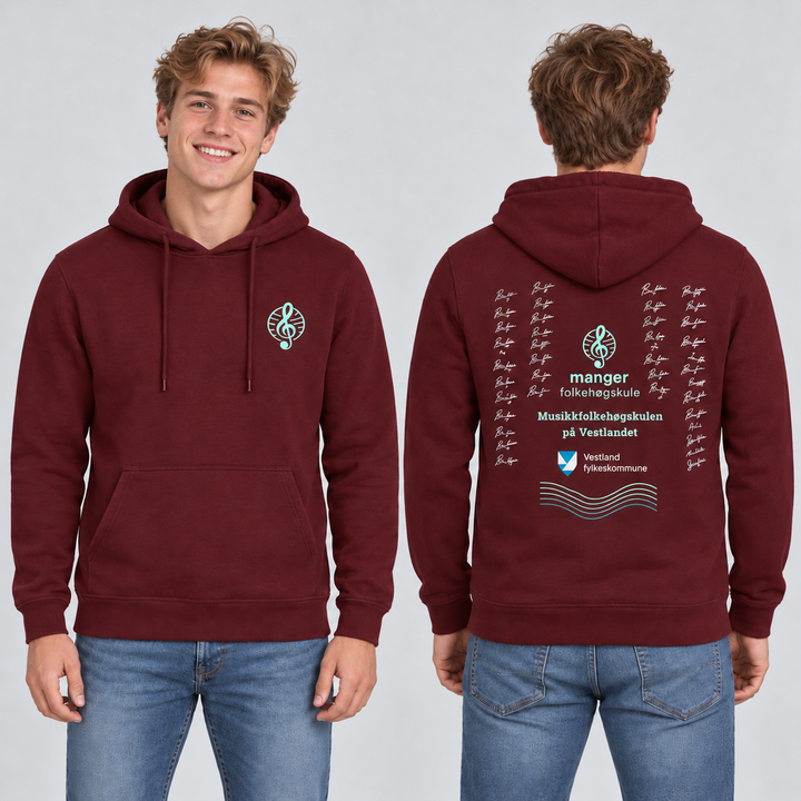 Miami Hoody 0201031 unisex i burgunder på ung voksen modell, foran og bak med Manger-motiver. KI-illustrasjon basert på produktfoto; eksempelsignaturer.