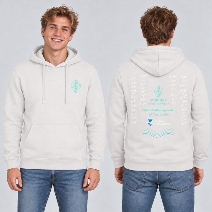 Miami Hoody unisex – Offwhite – Manger Folkehøgskule, foran og bak på modell. KI-illustrasjon basert på produktfoto; eksempelsignaturer.