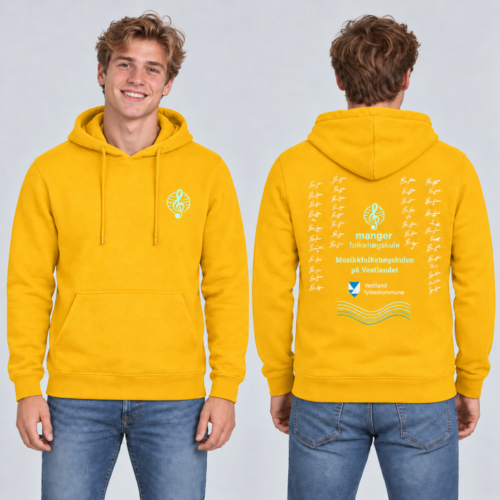 Miami Hoody unisex – Sitrongul – Manger Folkehøgskule, foran og bak på modell. KI-illustrasjon basert på produktfoto; eksempelsignaturer.