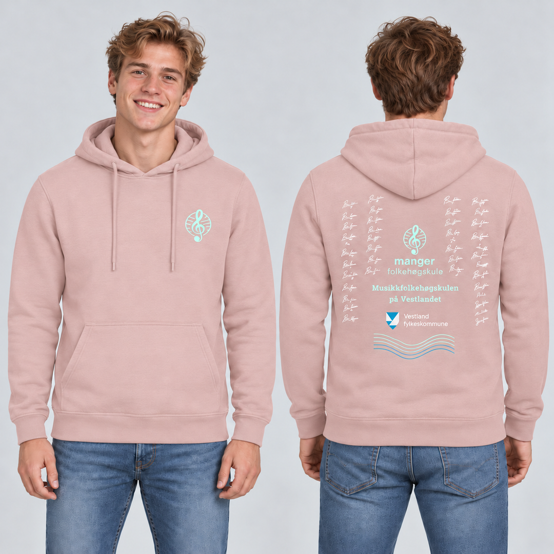 Miami Hoody unisex – Godterirosa – Manger Folkehøgskule, foran og bak på modell. KI-illustrasjon basert på produktfoto; eksempelsignaturer.