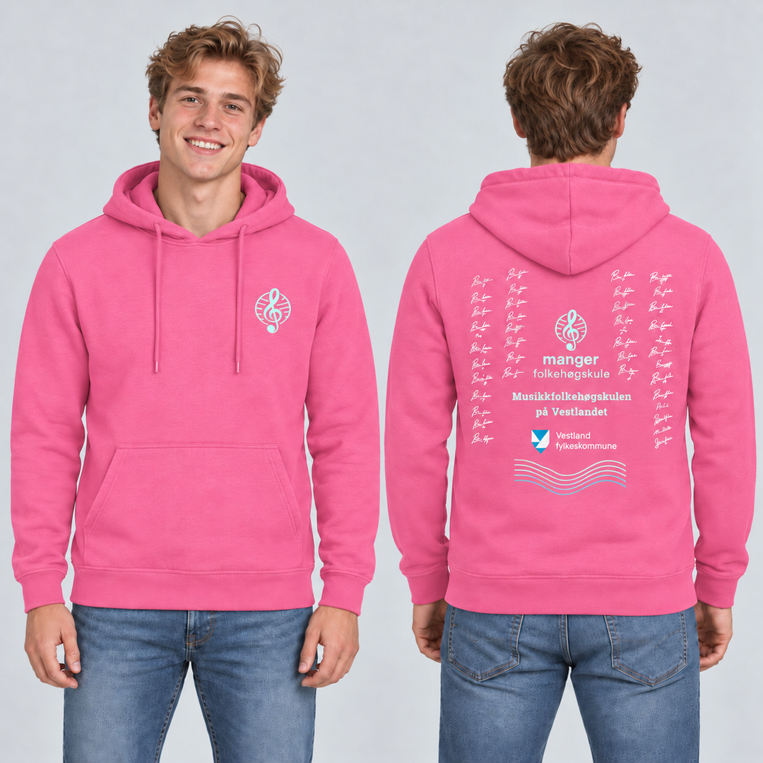 Miami Hoody unisex – Rosa – Manger Folkehøgskule, foran og bak på modell. KI-illustrasjon basert på produktfoto; eksempelsignaturer.