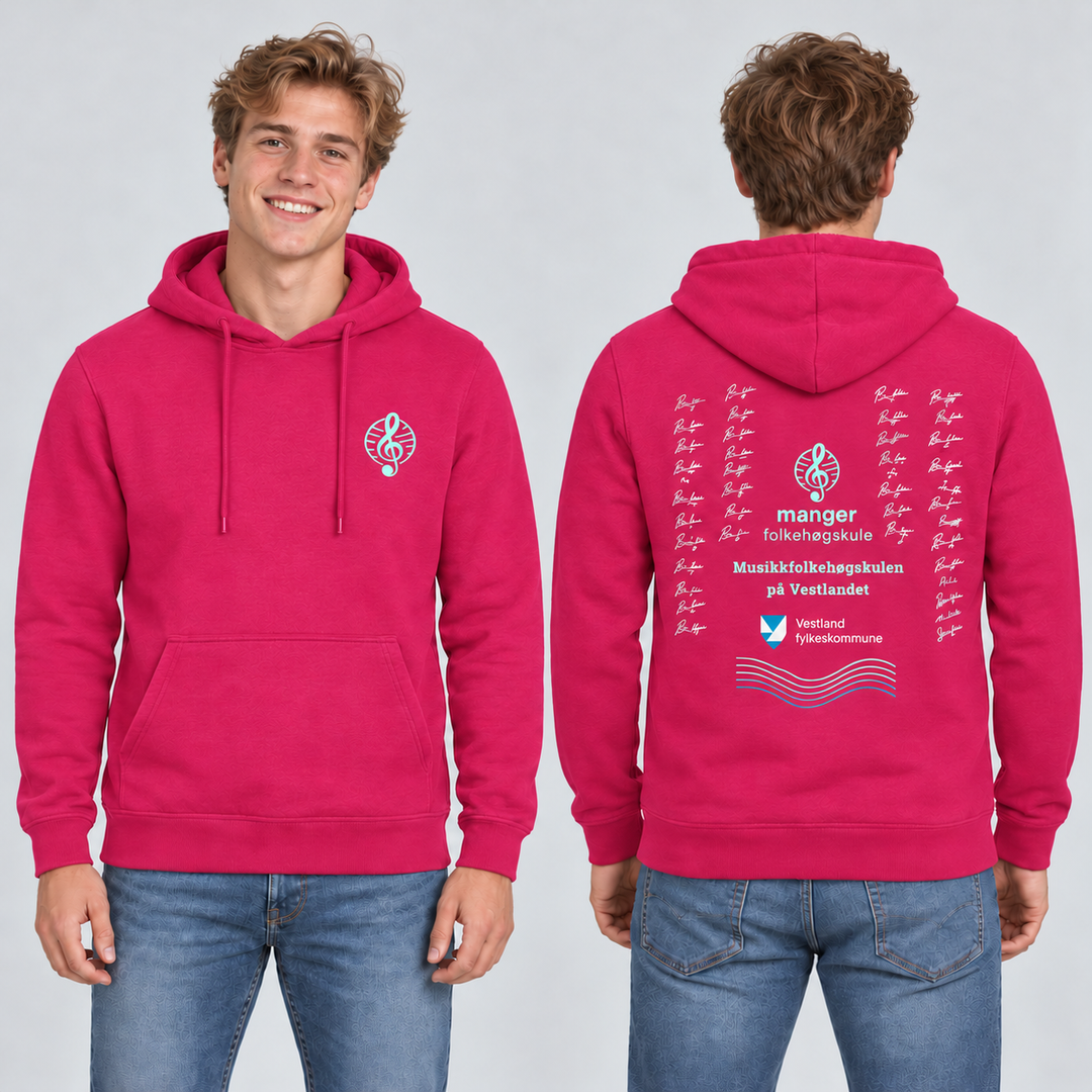 Miami Hoody unisex – Cerise – Manger Folkehøgskule, foran og bak på modell. KI-illustrasjon basert på produktfoto; eksempelsignaturer.
